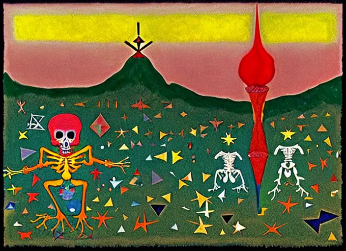 Image similar to pixel decollage painting tarot lovers card composition tower of babel road red armor wonky alien frog and maggot vampire clown knight on a skeleton pale horse in a dark green cloudy night sky with golden foil jewish stars and diamonds, mountain lake and blossoming field in background, painted by Mark Rothko, Helen Frankenthaler, Danny Fox and Hilma af Klint, pixelated, neo expressionism, semi naive, pastel colors, cinematic, color field painting, cave painting, voxel, pop art look, outsider art, minimalistic. Bill Traylor painting, part by Philip Guston, Amano and Francis Bacon. art by Adrian Ghenie and Storm Thorgerson, very coherent symmetrical artwork, cinematic, hyper realism, high detail, octane render, unreal engine, Smooth gradients, depth of field, full body character drawing, extremely detailed, 8k, extreme detail, intricate detail, masterpiece