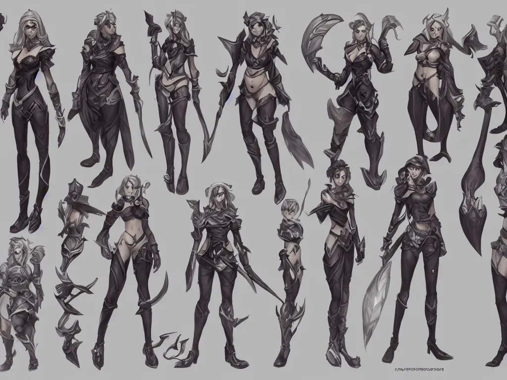 Prompt: A brand new league of legends character, female league of legends character concept art, simple front and back character reference sheet