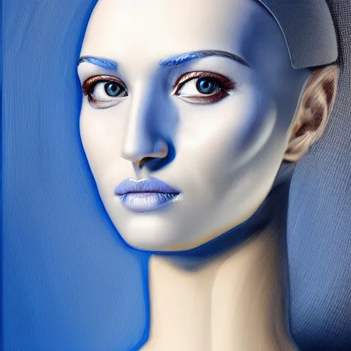 Prompt: portrait of a female android, no nose, no mouth, face completely covered in phthalo blue steel, filigree, elegant, sharp focus, graceful, master crafted, trending on artstation, award winning, beauty,