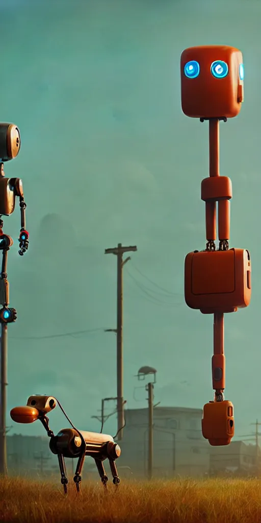 Image similar to tall cute robot with his best dog friend, by Simon Stalenhag, unreal engine, octane render, 8k, rule of thirds