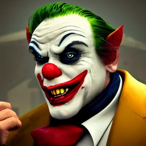 Image similar to donald trump as a joker - clown! in gears of war, splash art, movie still, cinematic lighting, ray tracing, detailed joker - clown face!, octane render, long lens, shallow depth of field, bokeh, anamorphic lens flare, 8 k, hyper detailed, 3 5 mm film grain