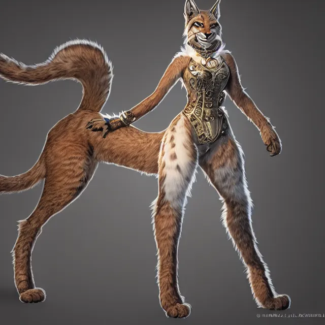 Prompt: the full body of anthropomorphic lynx fursona from behind wearing a steampunk suit as unimaginably beautiful, gorgeous, elegant, young woman with lynx head, an ultrafine hyperdetailed illustration by furaffinity, intricate linework, white fur, unreal engine 5 highly rendered, global illumination, radiant light, detailed and intricate environment, no feral