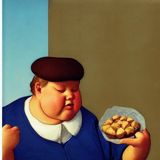 Image similar to a very fat boy eating chocolates with wrappers on the floor by Raphael, Hopper, and Rene Magritte. detailed, romantic, enchanting, trending on artstation.