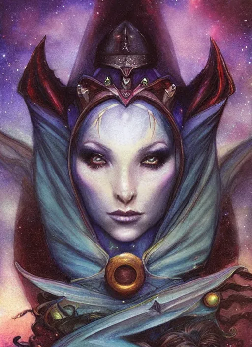 Image similar to portrait of female elf space queen, night sky background, beautiful! coherent! by brom, by brian froud, deep color, strong line, high contrast