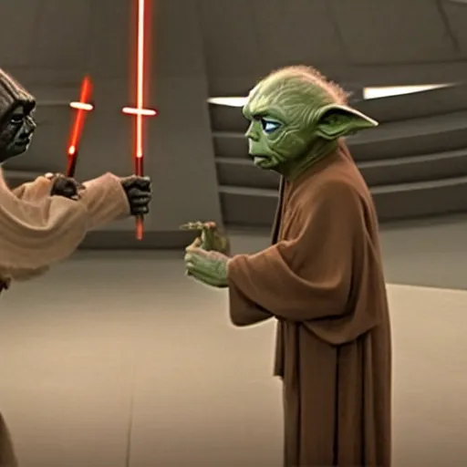 Prompt: inside the spacious interior of the galactic senate chamber, yoda challenged the emperor. the two engaged in a spectacular duel - - a contest between the most powerful practitioners of the force's light and dark sides.
