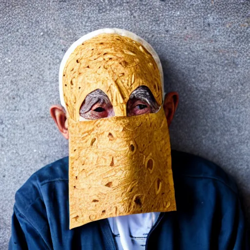 Image similar to an elderly man wearing a mask made from a tortilla, bold natural colors, national geographic photography, masterpiece, 8 k, raw, unedited, symmetrical balance