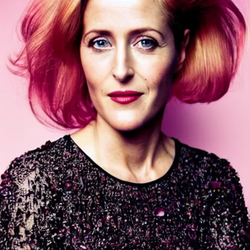 Image similar to photo of a gorgeous 40-year-old Gillian Anderson with pink pixie cut hairstyle by Mario Testino, detailed, head shot, award winning, Sony a7R -