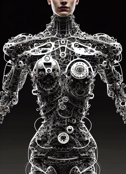 Image similar to organic cyborg full frontal torso close-up, black plastic, diffuse lighting, fantasy, intricate, elegant, highly detailed, lifelike, photorealistic, digital painting, artstation, illustration, concept art, smooth, sharp focus, art by John Collier and Albert Aublet and Krenz Cushart and Artem Demura and Alphonse Mucha