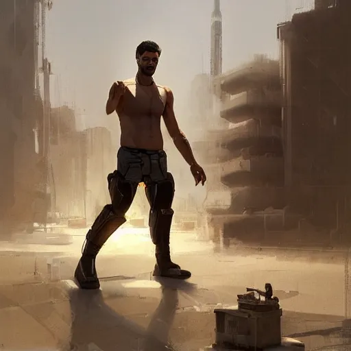 Prompt: a middle eastern futuristic labourer man with cybernetic enhancements and a brawny body type, sci fi character portrait by greg rutkowski, craig mullins