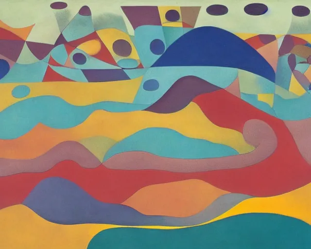 Image similar to A wild, insane, modernist landscape painting. Wild energy patterns rippling in all directions. Curves, organic, zig-zags. Saturated color. Mountains. Clouds. Rushing water. Waves. Sci-fi dream world. Lisa Yuskavage. Yves Tanguy. Paul Klee.