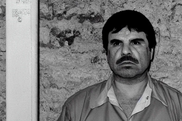 Image similar to el chapo is meditating in the middle of a prison cell. he has 8 wives. 35 mm