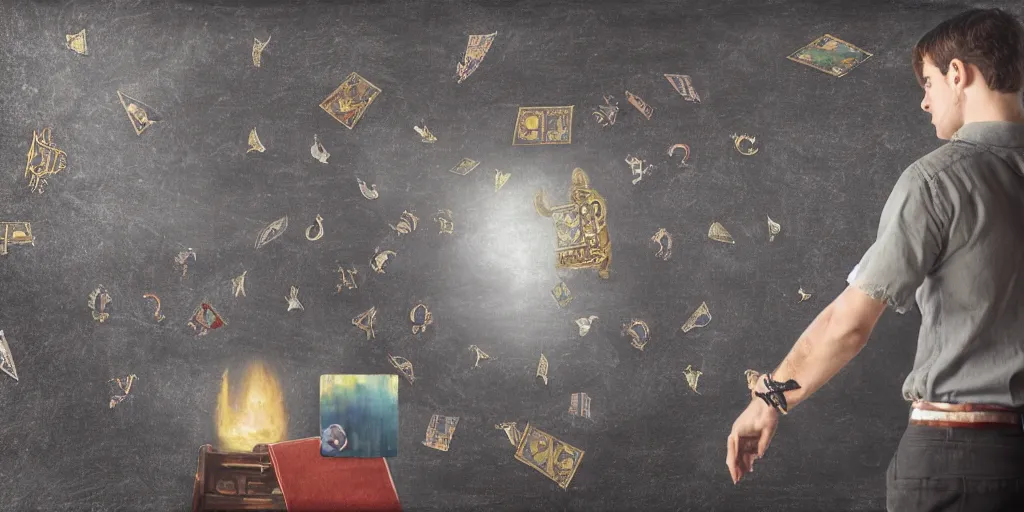 Prompt: back shot of male researcher examining the mysteries of tarot cards on a magical blackboard, fantasy art, matte painting, high quality, digital painting, artwork by terryl whitlatch