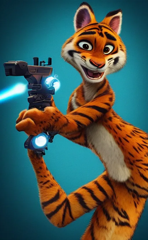 Image similar to “portrait of tiger in the style of the movie zootopia holding a laser gun, with a dark background behind him”