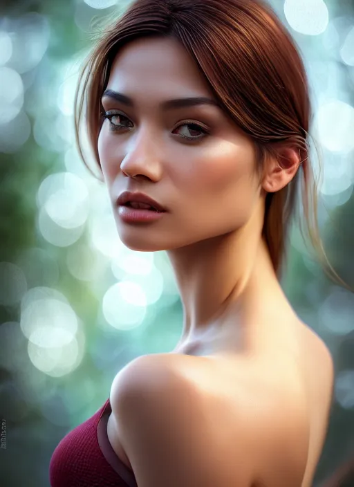 Prompt: photo of a gorgeous female in the style of stefan kostic, realistic, half body shot, sharp focus, 8 k high definition, insanely detailed, intricate, elegant, art by stanley lau and artgerm, extreme bokeh light spring foliage