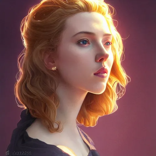 Image similar to Young Scarlett Johansson, highly detailed, digital painting, artstation, concept art, smooth, sharp focus, illustration, ArtStation, art by artgerm and greg rutkowski and alphonse mucha and J. C. Leyendecker and Edmund Blair Leighton and Katsuhiro Otomo and Geof Darrow and Phil hale and Ashley wood and Ilya repin and Charlie Bowater