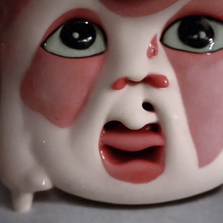 Image similar to horrifying doll, close-up of scary face big eyes, lost film