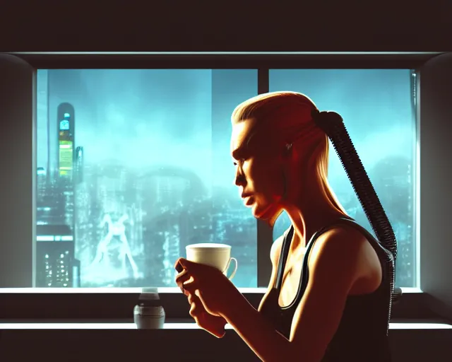 Prompt: a terminator cyborg lady with borg implants and optical fibers is drinking coffee near a window with dystopian city visible outside. very detailed 8 k. horror cyberpunk style.