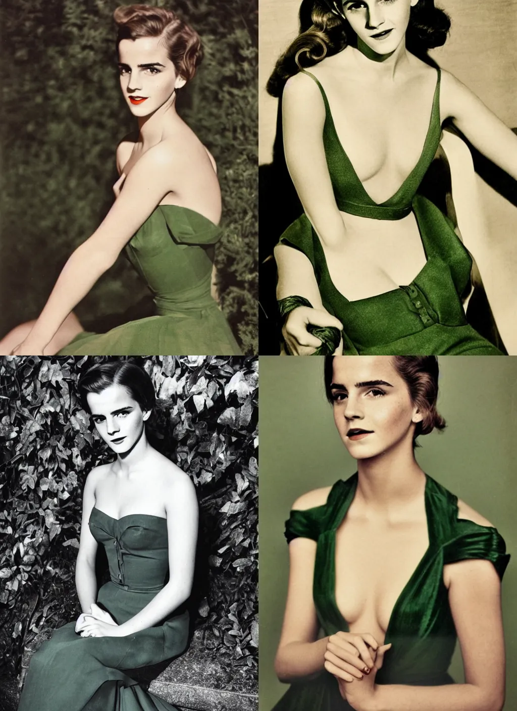 Prompt: 1950s high body portrait high fashion photograph of Emma Watson in forest green gown by Henry Clarke