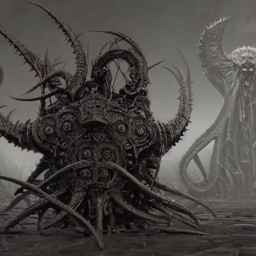 Image similar to hyperreal demonic lovecraftian hellraiser biomechanical cenobite, black void, eclipse by wayne barlowe, alan lee, giger, brian froud, lisa frank, luis royo, beksinksi, and alex grey, rendered in octane and unreal engine 5, trending on cgsociety, in the style of doom, warhammer 4 0 k, dead space, halo