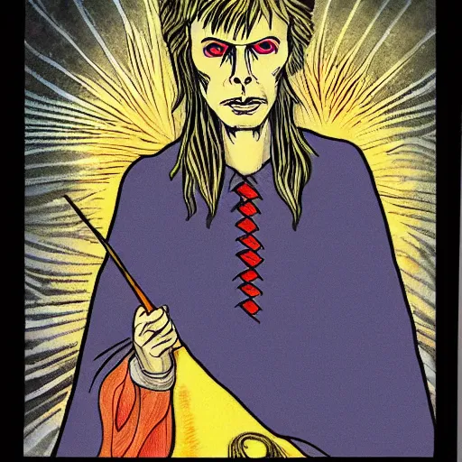 Prompt: emperor tarot card with david bowie. folk horror style art. detailed