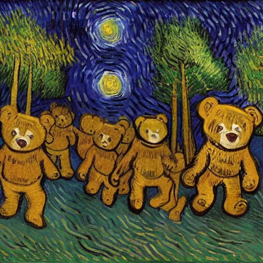 Prompt: painting of a teddy bear parade through a forest at night by Vincent Van Gogh