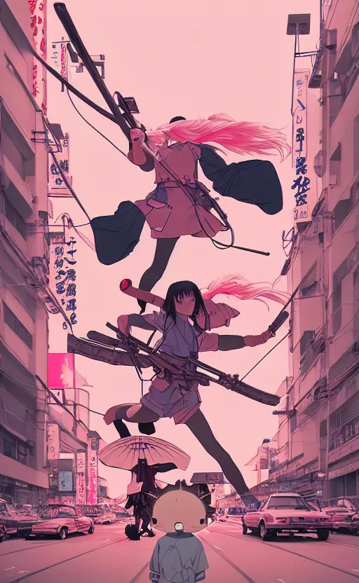 Image similar to Artwork by James Jean, Phil noto and hiyao Miyazaki ; a young Japanese future samurai police girl named Yoshimi battles an enormous looming evil natured carnivorous pink robot on the streets of Tokyo; Japanese shops and neon signage; crowds of people running; Art work by hiyao Miyazaki, Phil noto and James Jean