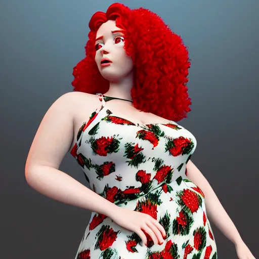 Prompt: film photography of a gorgeous red haired woman with big curly hair and freckles, curvy figure wearing dress with flower print, Pixar CGI , octane render, sharp details, bloom, 8k resolution, OLED