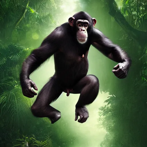 Image similar to Angry Chimpanzee Jumping, Epic Jump, Cinematic Photo, Cinematic Shot, Jungle, Foliage Boris Vallejo, Epic, 8k resolution, ArtStation, Hyperrealistic