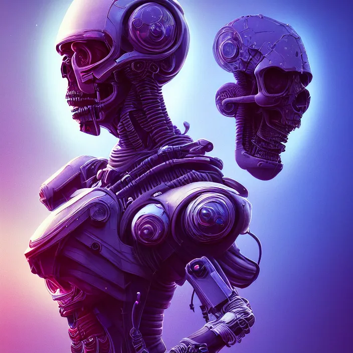 Image similar to synthwave symmetric frontal view digital portrait nanopunk space pirate, biorobotic legendary thief, epic apex legends concept, retro futuristic skull vr helmet prototype cyberware, beksinski mohrbacher shirow, sharp focus, realistic scifi masterpiece, cinematic natural light, highly intricate details, 8 k, hdr, octane render