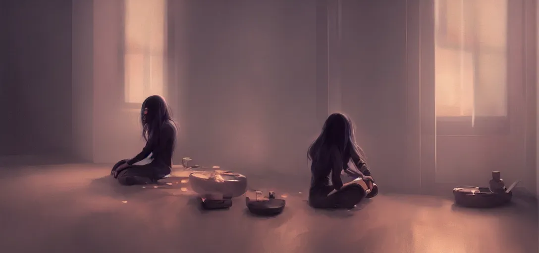 Image similar to Young Himalayan woman sitting concerned in an empty room with loneliness using psychic powers to make a lighter float| night time scene, plain walls |somber white eyes, long ashy hair | gentle lighting, futuristic, dim lighting, digital art by Makoto Shinkai ilya kuvshinov and Wojtek Fus, digital art, concept art,