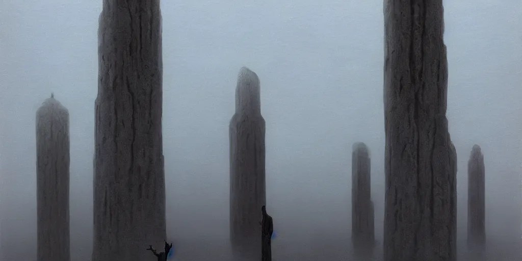 Image similar to matte painting of omniscient tall statues of gods towering above a lone individual, by zdzislaw beksinski, by dariusz zawadzki, by wayne barlowe, gothic, surrealism, cosmic horror, lovecraftian, cold hue's, warm tone gradient background, concept art, beautiful composition