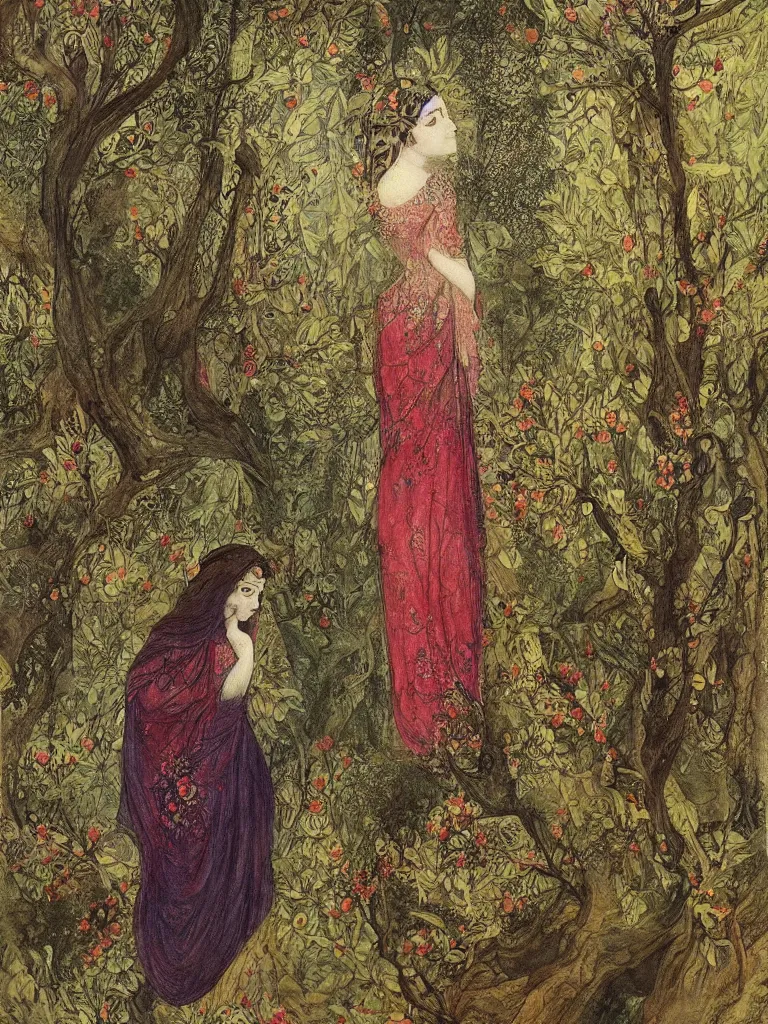 Prompt: a robe clad woman is seen walking through a forest, a bird is following, they are being watched, detailed painting in the style of Persian artist Mahmoud Farshchian