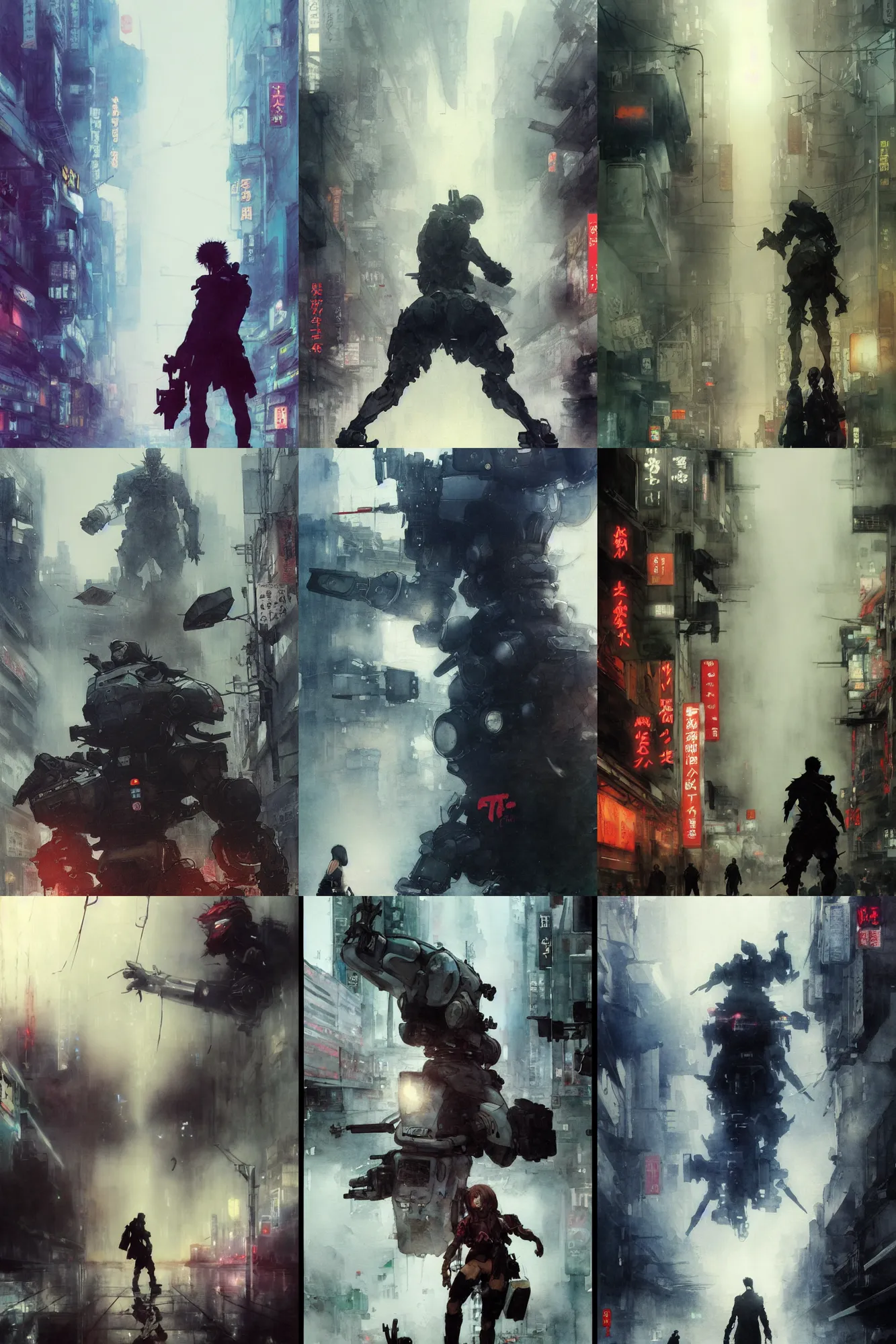 Prompt: incredible ruan jia movie poster, painted ,masterful detailed watercolor, japan, ilya repin, waterhouse, jason chan, pretty anime face, yoji shinkawa, kastuhiro otomo, kaiju broken robot limbs claw at the the background fog, street lights, foggy, spotlight,deep 3 point perspective, fish eye, dynamic scene, glowing japanese advertisements on buildings, light rain, sparks, movie scene close up emotional miss Kusanagi face, short bob hair, robot arm, emotional face