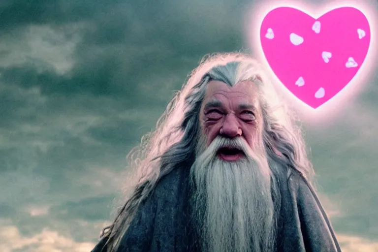 Image similar to portrait of Gandalf wearing pink Hello kitty costume, laughing maniacally, looking at a playing card in his hand, sunrise, movie still from Lord of the Rings, cinematic