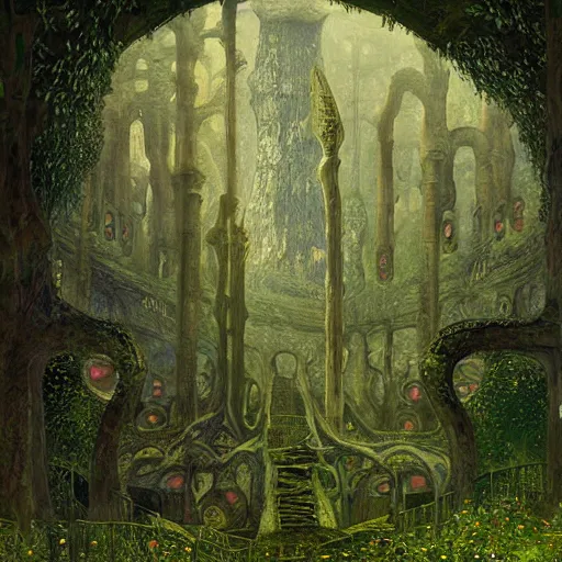 Prompt: ancient overgrown! ruins, medieval gates, runestones, mysetrious etherial mesmerizing runic!!, eyes, magical elven geometry, concept art by gustav klimt!, deviantart contest winner, environmental art, high detail, resembling the ace of swords tarot card by greg rutkowski