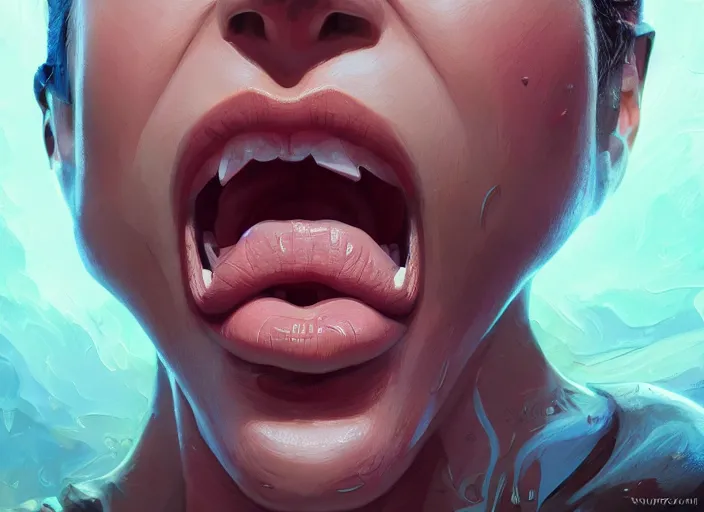 Image similar to wide open queen mouth, close - up, cry, defiant, full lips, anatomy color, light effect, hyper detailed, intricate, elegant, highly detailed, digital painting, artstation, concept art, matte, sharp focus, illustration, by dan mumford, yusuke murata, makoto shinkai, ross tran