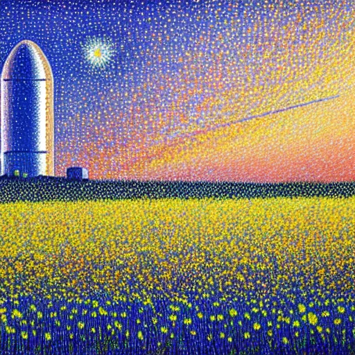 Prompt: spacex starship rocket landing in a field of flowers at sunset, pointillism painting