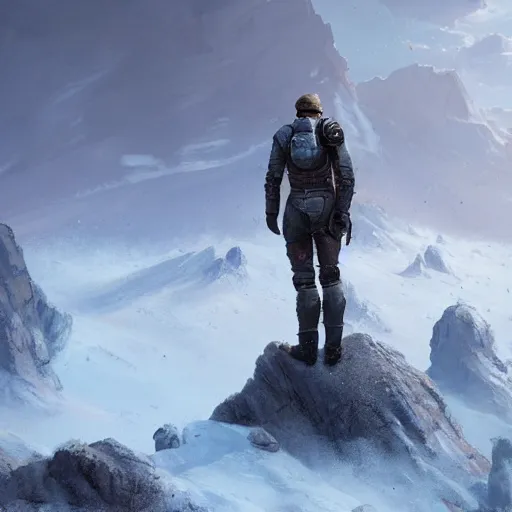 Image similar to a space survivor standing on blizzardy mountains, Matte painting , detailed painting, greg rutkowski