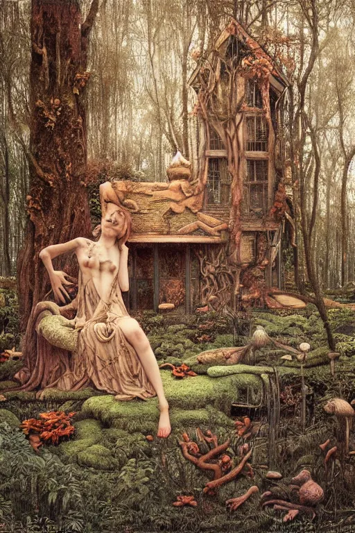 Prompt: a house in the forest by h. r giger, intricate, miles johnston, kuroda seiki, cynical realism, ozabu, john william godward, painterly, yoshitaka amano, moebius, miles johnston, louise zhang, james jean, mark ryden