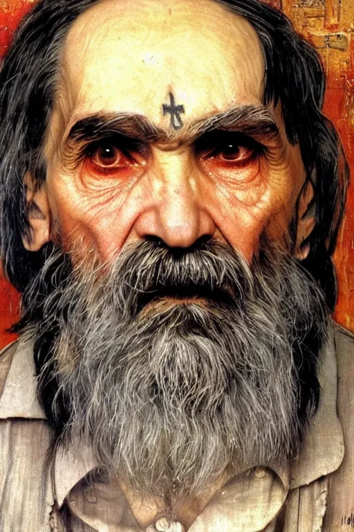 Prompt: a closer personal portrait of a very old egyptian charles manson with very piercing eyes, very charismatic. in the old ancient temple of luxor. masterpiece, dark. painted by norman rockwell and james gurney