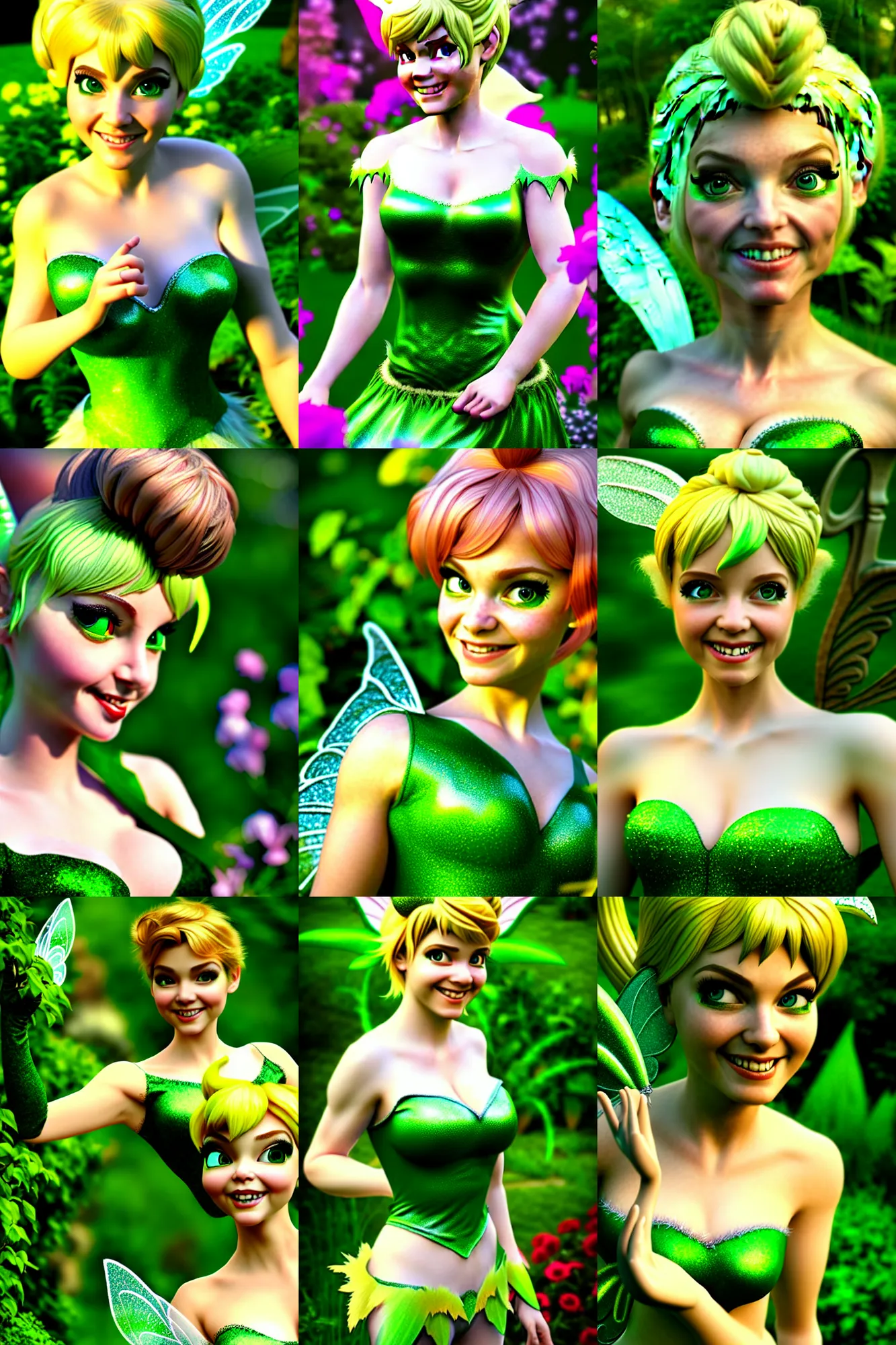 Prompt: a highly detailed and realistic photo of the tinker bell fairy cosplay with a young and angelical face smiling on a garden, artstation, 4 k, correctly anatomy, good light