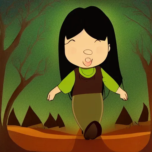 Prompt: female child with long curvy black hair, wearing reen and brown clothing, cartoon, dark forest, night, painting