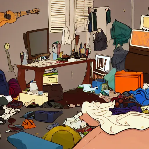 Image similar to very messy bedroom with random objects, clothes, and trash piled high in between the tv and the couch, where three stoner teens, one with messy hair and a beard, one with pale white skin and short side - swept hair, and one with pale white skin, long hair, and a goatee all playing video games