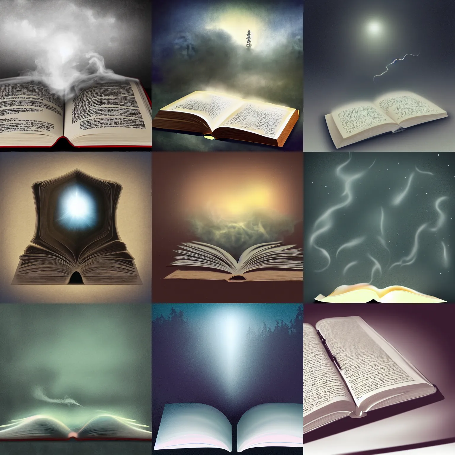 Prompt: opened book with magical fog around it, digital art