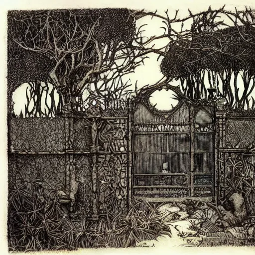 Prompt: fantastic underwater world, environment, building, faerie magic, cast iron fence, thorns, briarwood, overgrown, by Arthur Rackham, extremely detailed