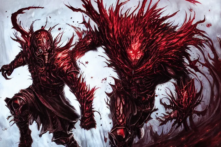 Image similar to ultra-detailed epic artwork of blood lord fighting black angel