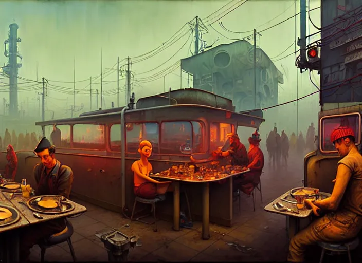 Prompt: waiting in line for crude oil by simon stalenhag and gil elvgren and tom bagshaw and marc simonetti and jan miense molenaer and arthur adams, dystopian slums, diner, highly detailed, hyperrealism, smog, high contrast, high saturation, gas masks