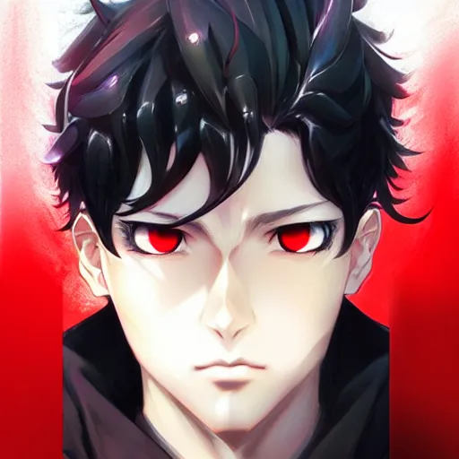 Image similar to anime portrait of a slick black hair guy with red eyes by stanley artgerm lau, wlop, rossdraws, james jean, andrei riabovitchev, marc simonetti, and sakimichan, trending on artstation