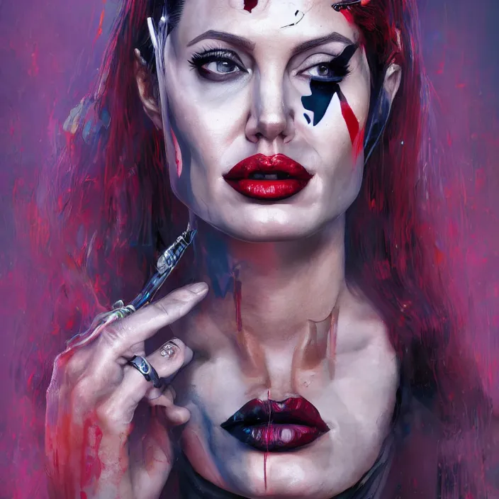 Image similar to portrait of Angelina Jolie as a harley quinn. intricate abstract. intricate artwork. by Tooth Wu, wlop, beeple, dan mumford. octane render, trending on artstation, greg rutkowski very coherent symmetrical artwork. cinematic, hyper realism, high detail, octane render, 8k, iridescent accents