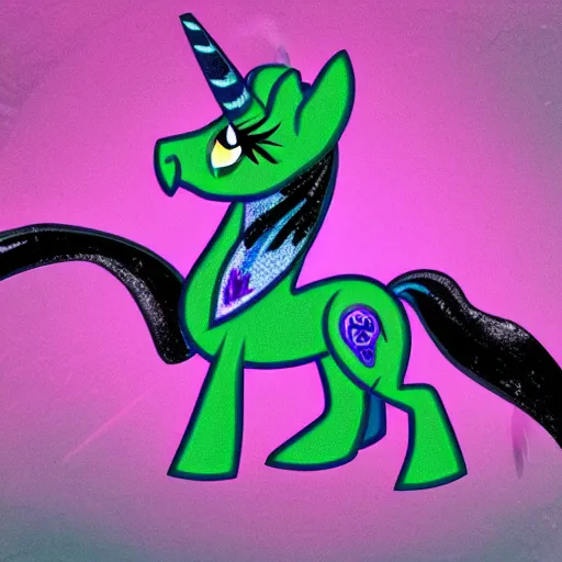 Prompt: my little pony corrupted by evil dark magic, black ooze, oil like flowing, evil magic